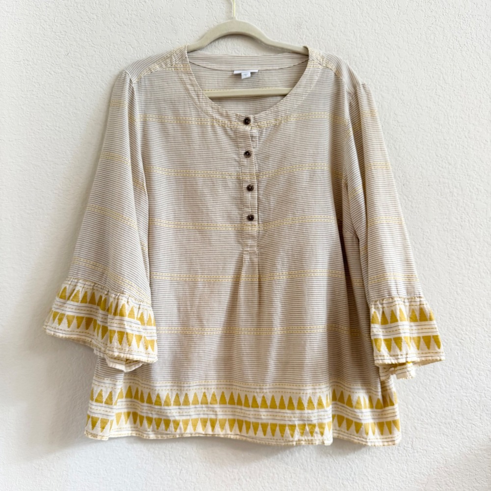 J. Jill Womens XL Henley Blouse Cream Yellow Striped Boho Bell Sleeve Cotton